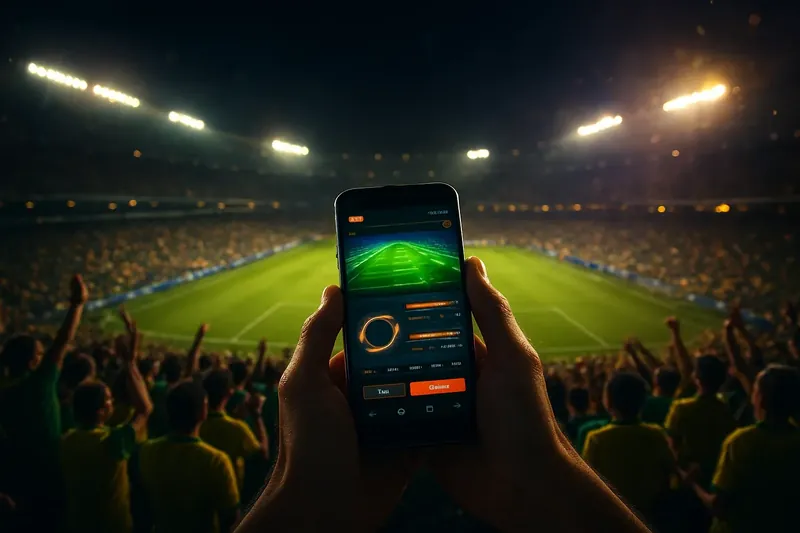 Estádio lotado à noite com smartphone exibindo promoção de apostas ao vivo