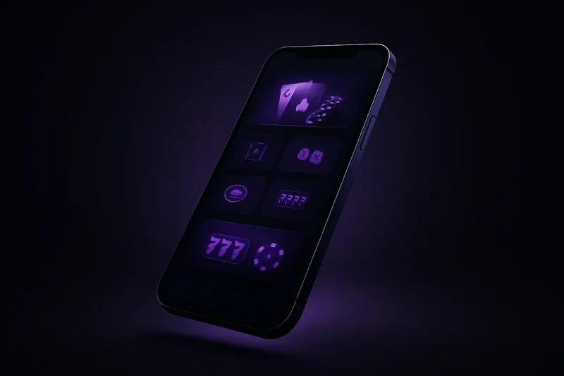 Smartphone moderno flutuando com app de cassino premium em tema escuro e botões roxos