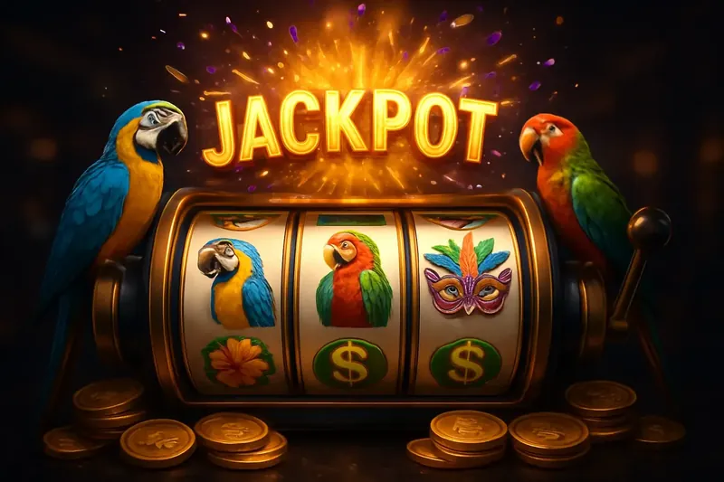 Caça-níqueis brasileiro com rolos coloridos, símbolos tropicais e moedas de real