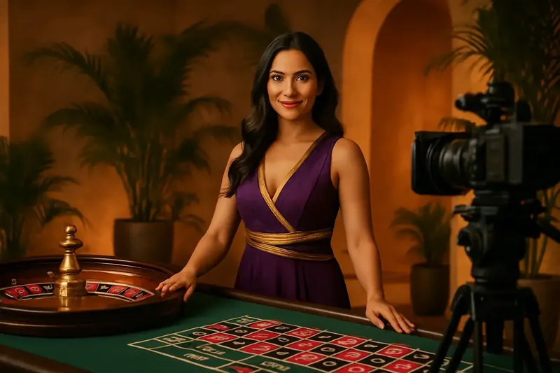 Estúdio de cassino ao vivo com dealer brasileira na mesa de roleta luxuosa