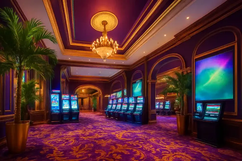 Lobby de cassino brasileiro com detalhes roxos e dourados, telas brilhantes