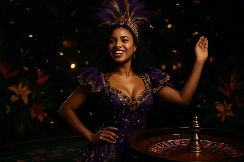 Mulher brasileira confiante em traje de carnaval perto de mesa de roleta