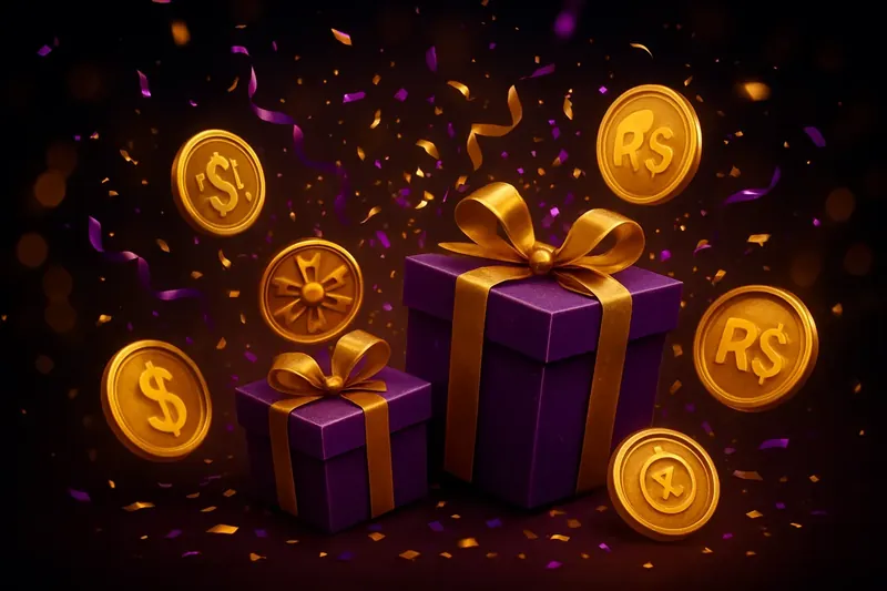 Caixas douradas, confetes roxos e dourados, fichas de giros grátis e cashback